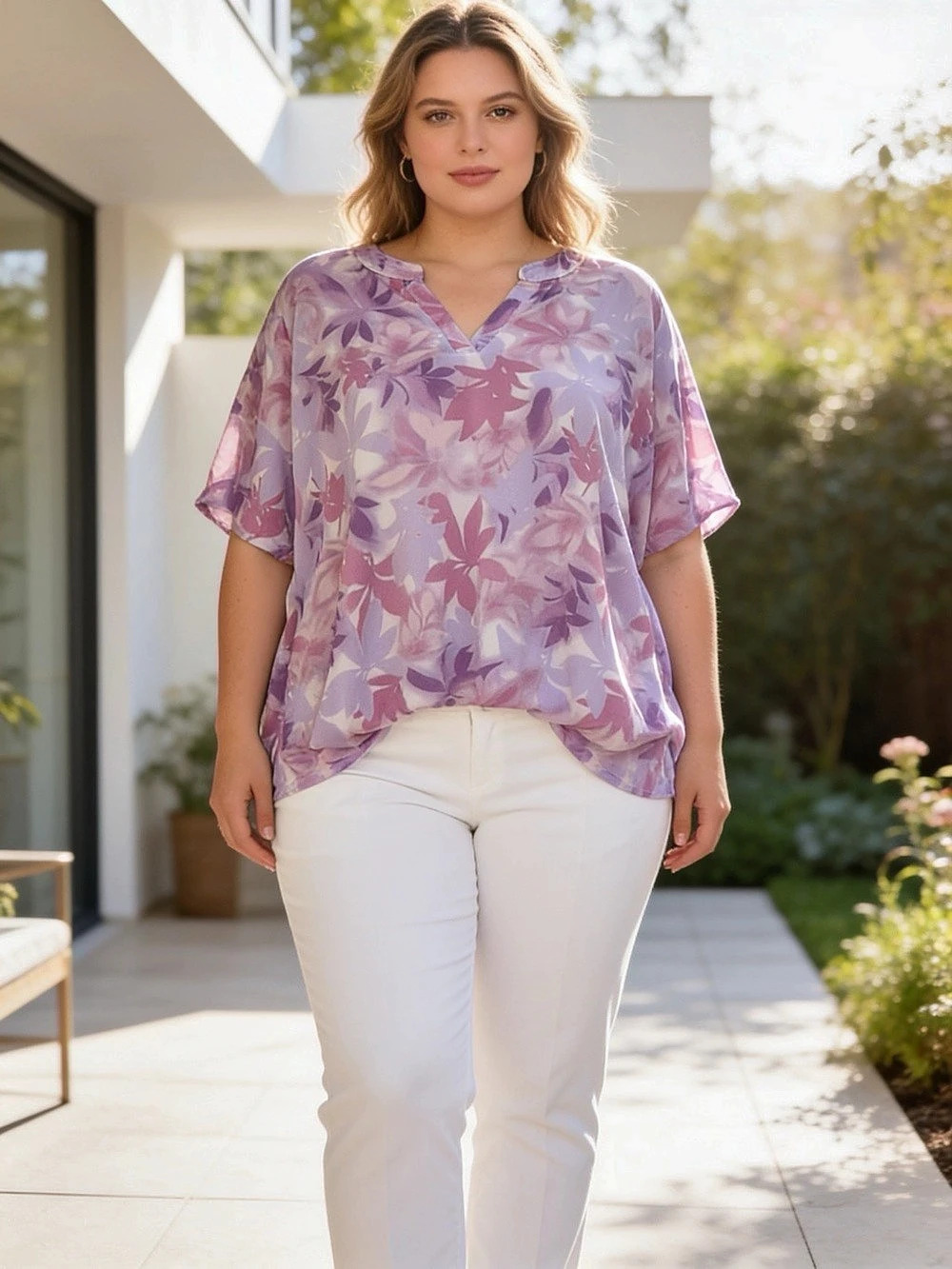 Susan Graver Women’s 2X Pink Purple Floral Sheer Blouse Tunic Short Sleeve